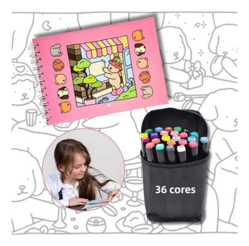 Kit Livro De Colorir + Canetinhas Touch 36 Cores Ponta Dupla