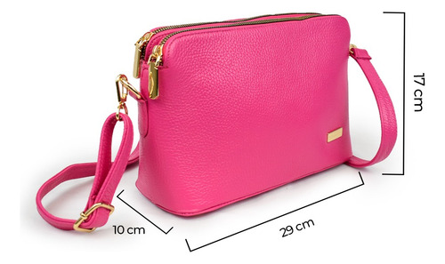 Bolso Bandolera De Cuero Con Doble Cremallera, Color Rosa Fucsia Lisa Níquel Fucsia