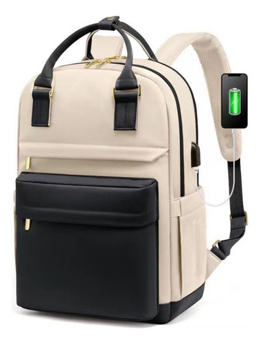 Mochila Impermeable Porta Notebook Nylon Espaciosa Beige/negro