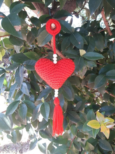 Corazones Colgante Crochet Artesanal Rojo Y Rosado