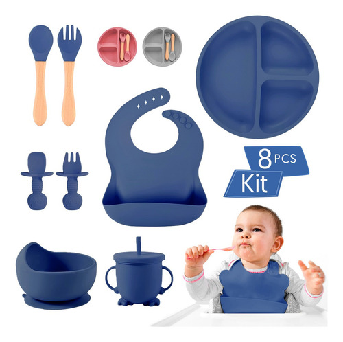 Set De Cubiertos Para Bebés Silicona Plato Antideslizante Color Azul Liso Personaje Ninguno