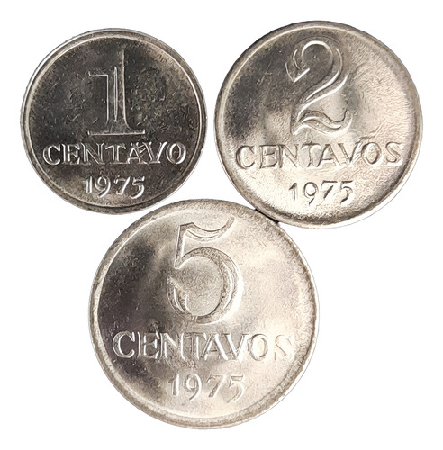 Lote 201 - 3 Moedas Fc 1, 2 E 5 Centavos 1975 Cruzeiro Novo
