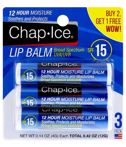 Chap-ice Lip Balm, Moisture-spf-15, Paquete De 3, Importado