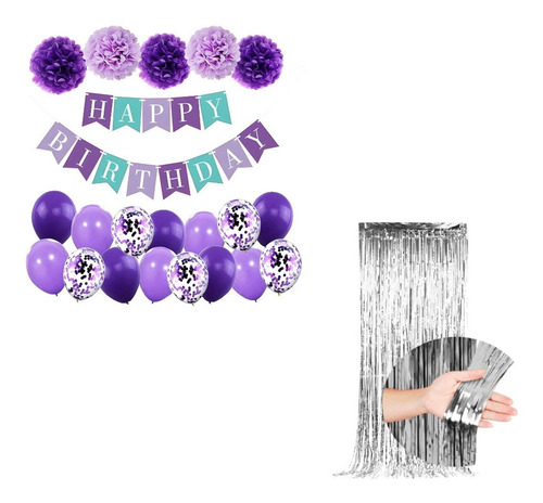 Pack Adornos Para Cumpleaños Globos + Cortina Metalizada X2