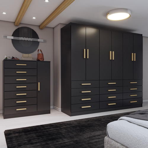 Quarto Completo Casal Catedral 7 Portas 19 Gavetas Preto