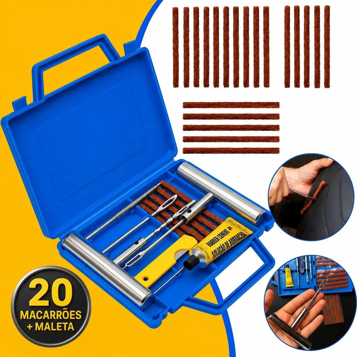 Kit Reparo Pneu Sem Câmara + Maleta 20 Remendos Moto E Carro Gurumania