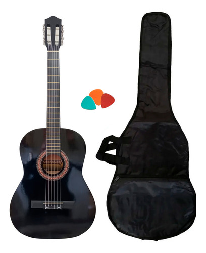Guitarra Criolla Clásica Tapa De Abedul + Funda Y Puas Color Negro