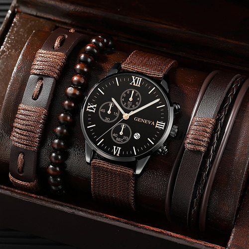 Set 32 - Set De Pulsera Pu Con Reloj De Cuarzo Para Hombre