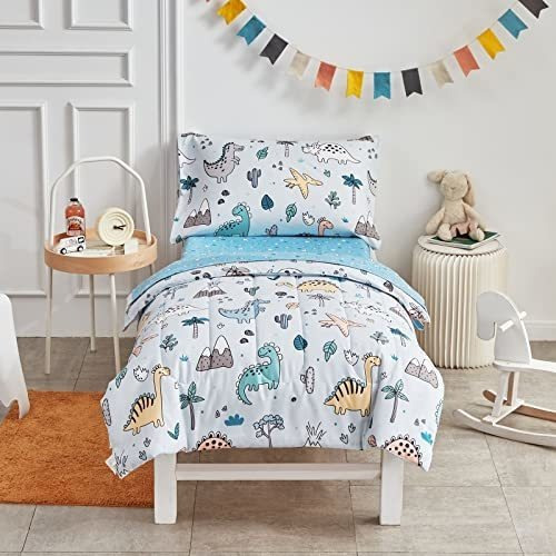 Juego De Cama Infantil 4 Piezas, Dinosaurio Lindo En Azul