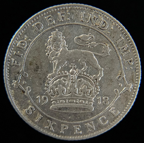 Gran Bretaña, 6 Pence, 1918. Jorge V. Plata, Vf