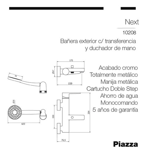 Imagen 2 de 5 de Grifería Baño Duchador Con Transferencia Next Piazza 10208