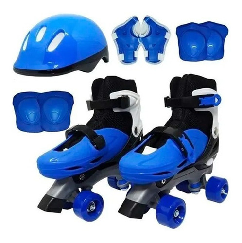 Patins Roller Quad 35 Ao 38 Ajustável Kit De Proteção Azul