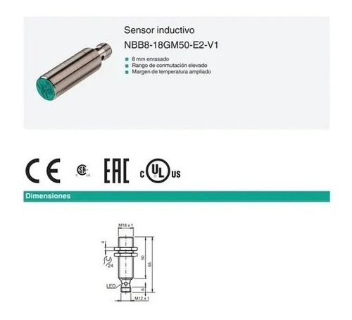 Nbb8-18gm50-e2-v1 Sensor Inductivo + Cable M12 Recto 2 Mts