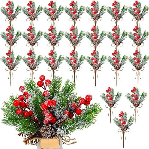 24 Adornos Navideños Conos Pino Floral Bayas Nieve Navidad