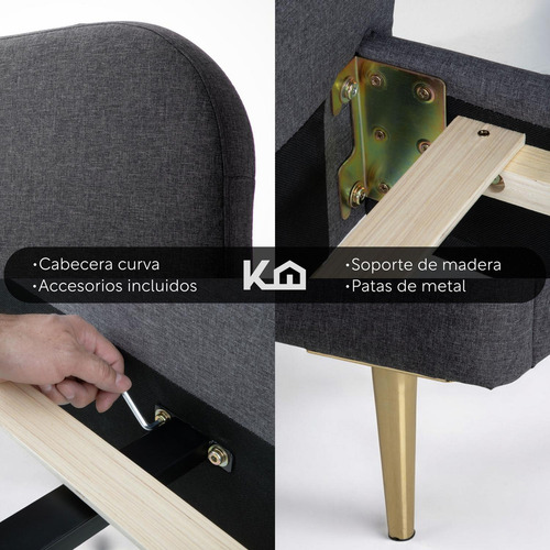 Base De Cama Matrimonial Con Cabecera Tapizada Marco De Metal Madera Box Para Colchón Color Gris Kingshouse