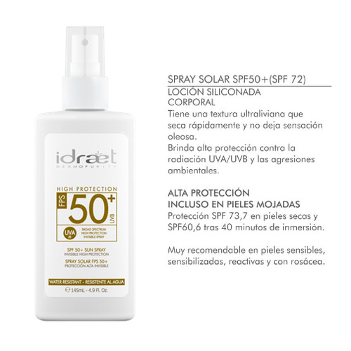 Protector Solar 50+ Idraet Spray Resiste Al Agua Invisible