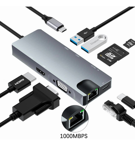 Hub de adaptador Ethernet USB tipo C 4k HDMI 9 em 1