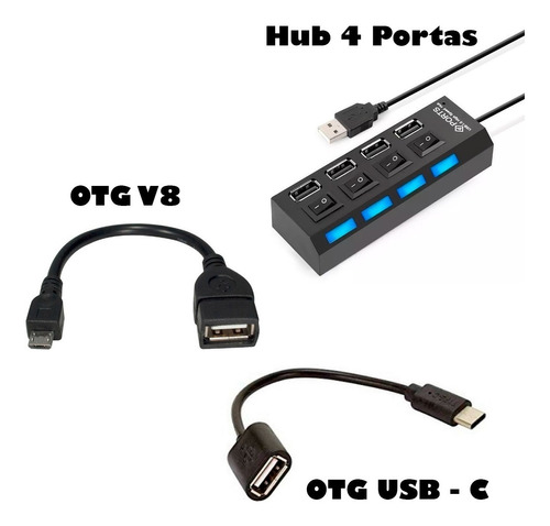 Adaptador Usb Hub 4 Portas + Otg Usb Para Celular V8 Tipo C