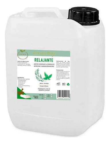 Aceite Para Masaje Relajante Menta Eucalipto 10 Litros Sane