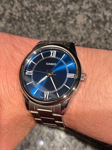 Reloj Casio Mtp-v005 Hombre Acero Inoxidable Azul Romanos