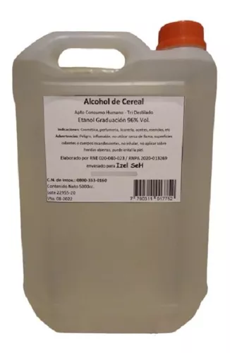 Alcohol De Cereal Tridestilado 96% 5 L Uso Alimenticio (x3u)