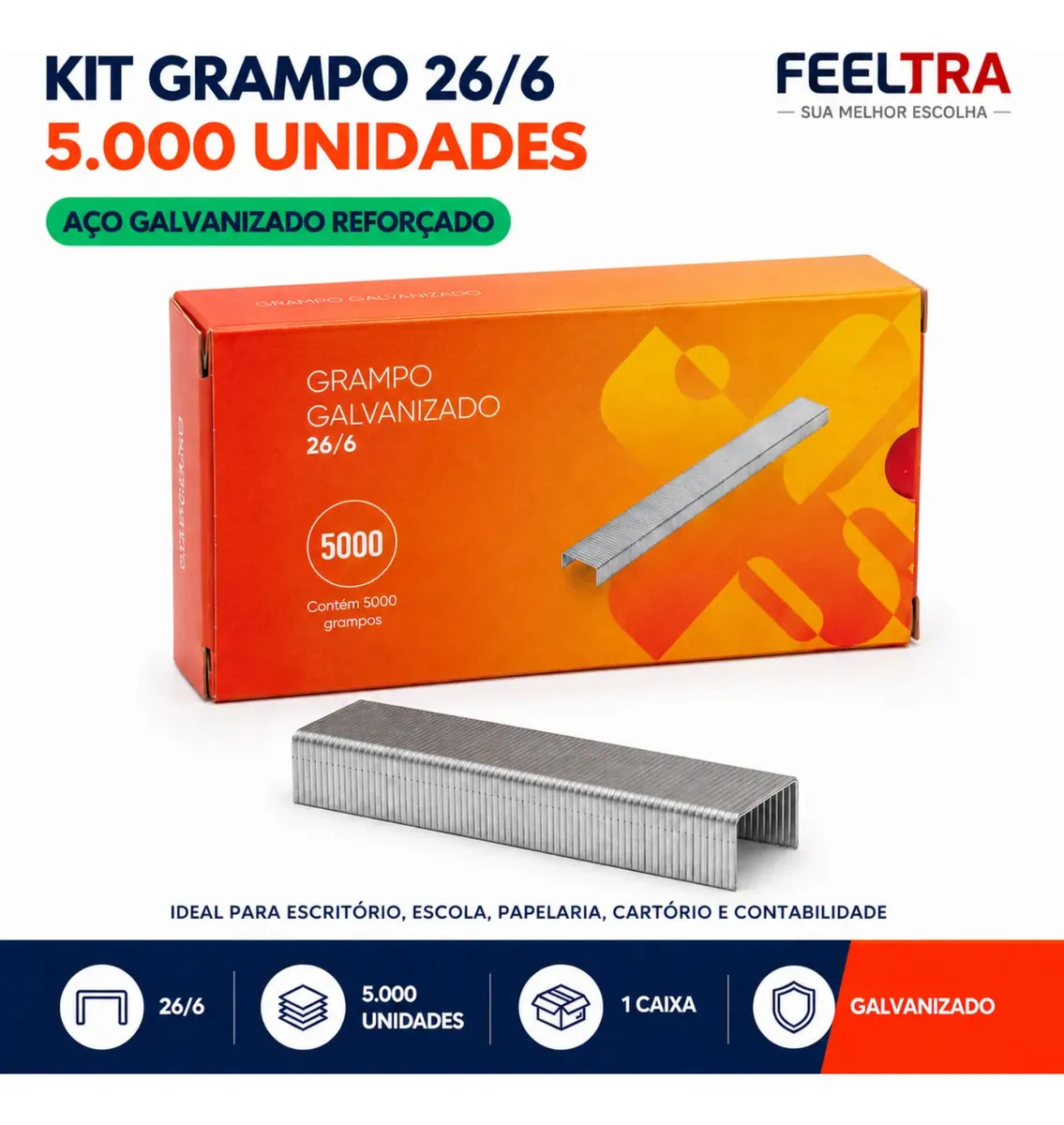 Kit 5.000 Grampo 26/6 Grampo Para Grampeador Aço Galvanizado Reforçado Para Grampear Papel Perfura Até 20 folhas 5000 unidades Escolar Escritório Xerox Cartório FEELTRA