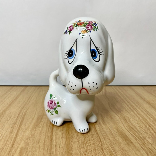 Antigua Figura Vintage De Perrito Floral De Cerámica De 1970