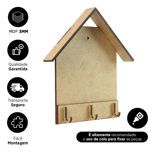 Kit 20 Porta Chaves De Parede Lisa Casinha Mdf Cru 3 Ganchos