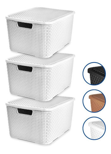 Kit 3 Caixas Cesto Rattan Organizadora C/ Tampa 15l 34x26 Cor Branco