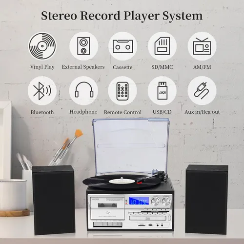 Tocadiscos 10 En 1 Con Altavoces Y Bluetooth Negro
