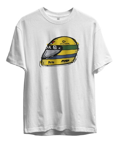 Remera Formula 1 Ayrton Senna Casco Dibujo Algodon Blanca