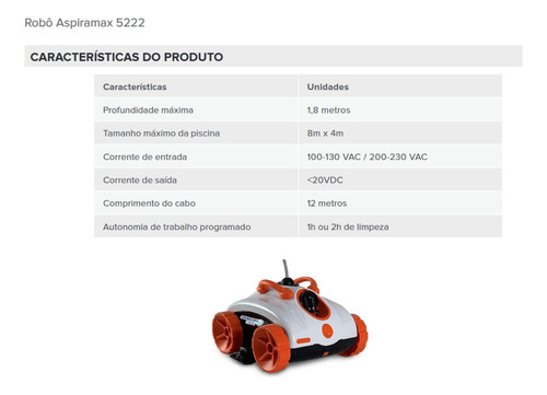 Robô Limpeza Piscinas De 8x4 Metros Aspira Max 5222 Nautilus