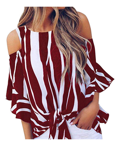 Blusa A Rayas Para Mujer, Hombros Descubiertos, Lazo En La C