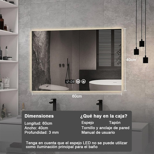 Espejo Led Para Baño 80x60cm Touch 3 Modo Con Función Antiva