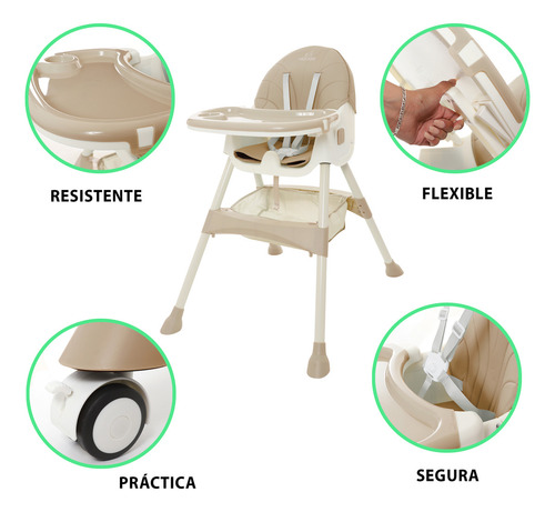 Silla Alta Periquera Bebe Kiddos Mecedora Con Llantas 5 En 1 Ajustable Plegable Asiento Piel Bandeja Extraíble Segura Color KHAKI