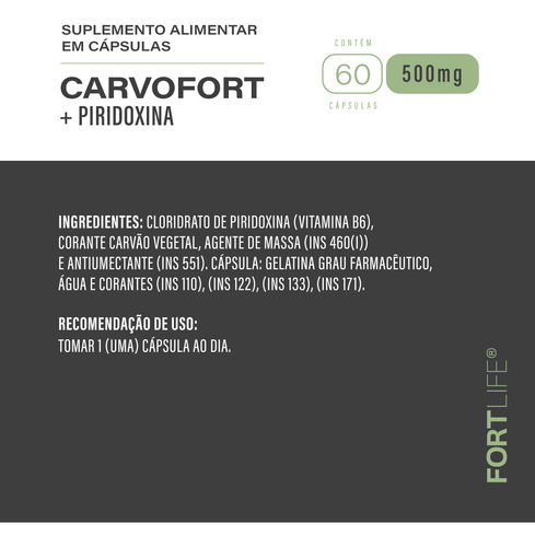 Carvofort Piridoxina 1x + Carvão Ativado 500mg 60 Cápsulas