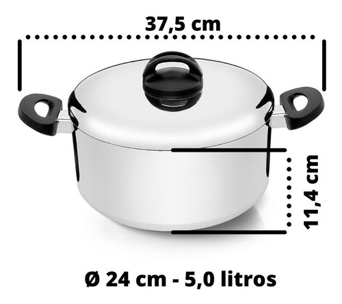 Caçarola Eterna Polida Com Asa 24 Cm 5 L 3mm Reforçada Nigro Cor Prateado