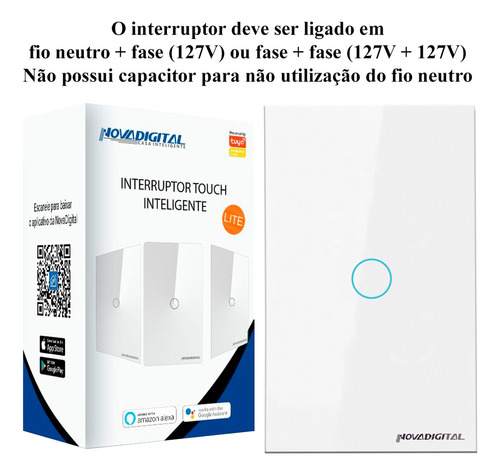 Interruptor Inteligente Wi-Fi Botão Touch NovaDigital Alexa Google Home App Cor Branco