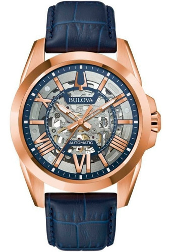 Relógio Bulova Masculino Automático 97a161 Social Rose Cor Da Correia Azul Cor Do Bisel Bronze Cor Do Fundo Esqueleto