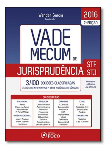 Vade Mecum De Jurisprudência Stf E Stj: 3.400 Decisões Cla, De Wander Garcia. Editora Foco Juridico, Capa Mole Em Português