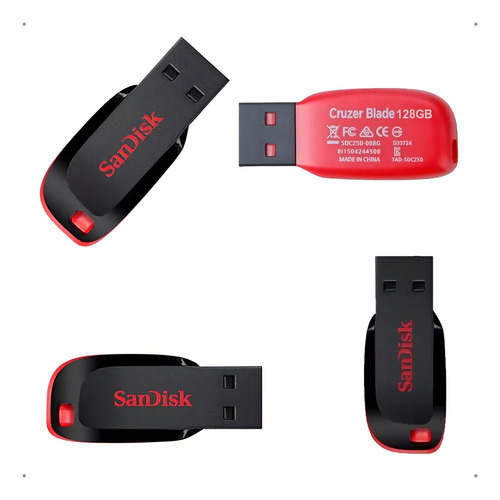 Kit 3 Pendrive Sandisk Cruzer Blade 128gb 2.0 Preto Vermelho Cor Preto/vermelho Liso