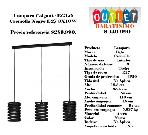 Lampara Colgante Eglo Cremella Negro E27 3x40w
