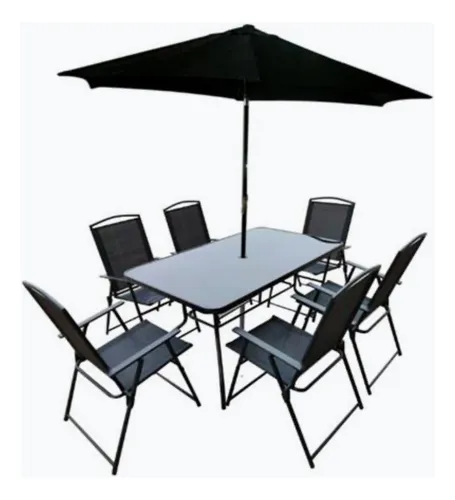 Set Patio Jardin Mesa Sillas Plegables Negro Sombrilla