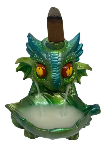 Incensário Cascata Dragão Baby Cor Verde Em Resina 12cm