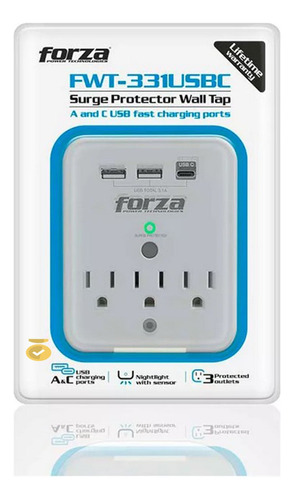 Protector Voltaje Forza 2xusb,1xusb-c 3tomas 120v Sensor Luz