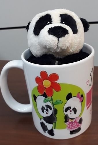 Urso De Pelucia Panda 15cm Nici Na Caneca Coração E Flores