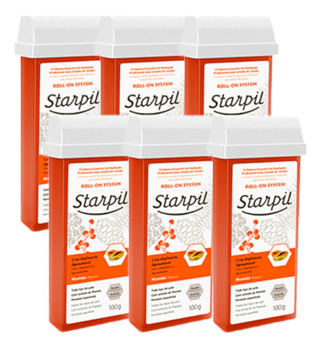 Kit 6 Unidades Cera Refil Roll-on Mamão Starpil 100g