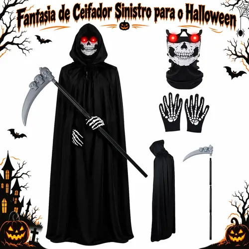 Fantasia de ceifador preta com capuz e foice de brinquedo