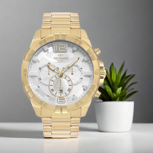Relógio Technos Masculino Legacy Caixa Grande Js26afa/1b Correia Dourado Bisel Dourado Fundo Branco