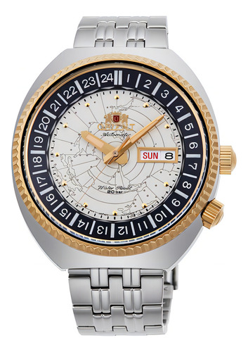Relógio Orient Masculino Automático World Map Ra-aa0e01s19b Cor da correia Prata Cor do bisel Dourado Cor do fundo Champagne